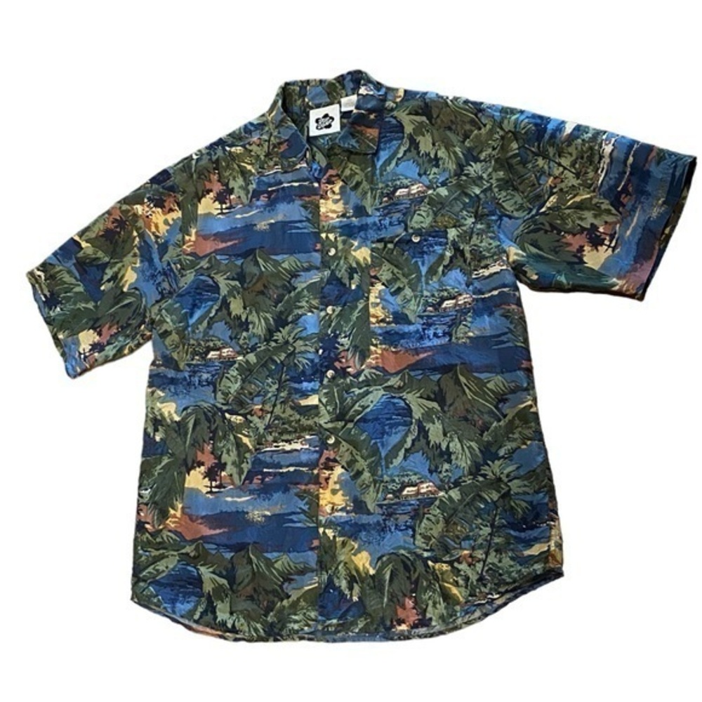 Mens Large Hilo Hattie Silk Shirt Hawaiian Print Button Bright *Flaw/Read*